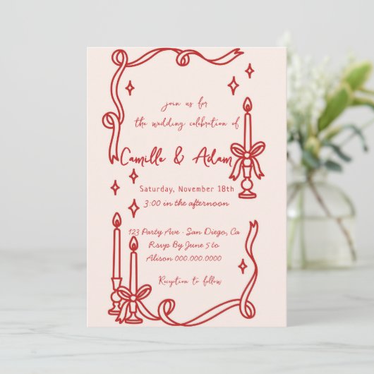 Elegante Rode kaars Hand getrokken bruiloft uitnod Kaart (Staand voorkant)