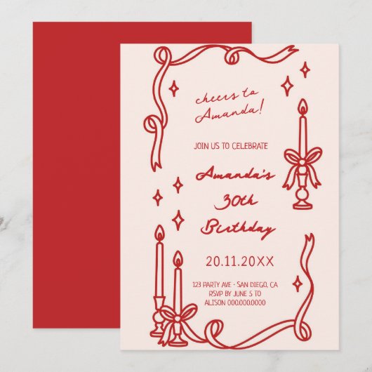 Elegante Rode kaars Hand getrokken Verjaardag uitn Kaart (Voorkant / Achterkant)