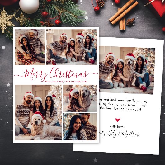 Elegante Rode Kalligrafie 5 Fotocollage Kerstmis Feestdagenkaart