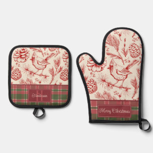 Elegante Rode Kardinaal Vogel & Kerstmis Plaid Dou Ovenwant & Pannenlap Set
