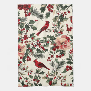 Elegante Rode Kardinaal Winter Botanische Crème Theedoek
