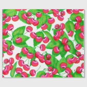 Elegante rode kersen en groen blad patroon | cadeaupapier (Vlak)