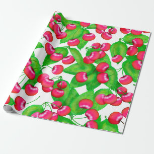 Elegante rode kersen en groen blad patroon   cadeaupapier