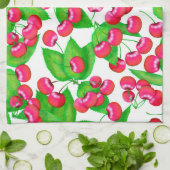 Elegante rode kersen en groen blad patroon | theedoek (Gevouwen)