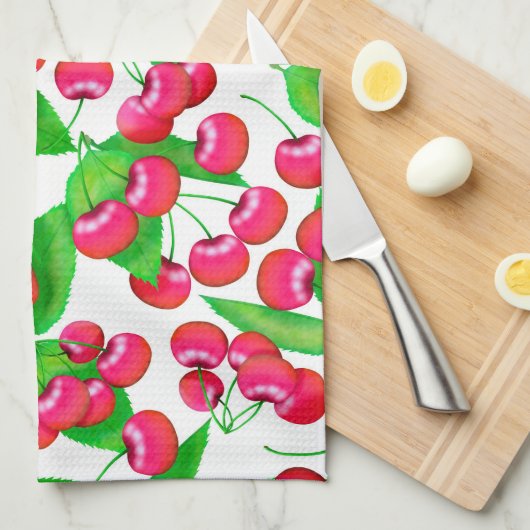 Elegante rode kersen en groen blad patroon | theedoek (Quarter Fold)