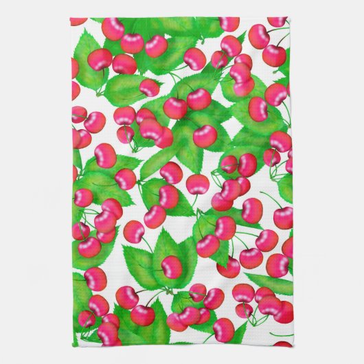 Elegante rode kersen en groen blad patroon | theedoek (Verticaal)
