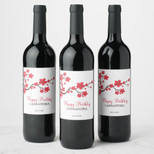 Elegante rode kersenbloesem Sakura Floral Verjaard Wijn Etiket