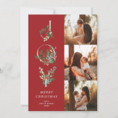 Elegante Rode Kerst Botanische JOY 3 Foto Feestdagenkaart (Voorkant)