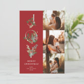 Elegante Rode Kerst Botanische JOY 3 Foto Feestdagenkaart (Staand voorkant)