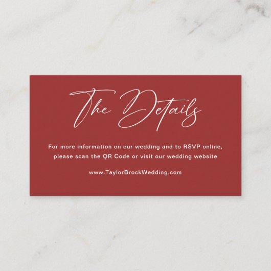 Elegante rode kerst bruiloft website informatiekaartje (Voorkant)