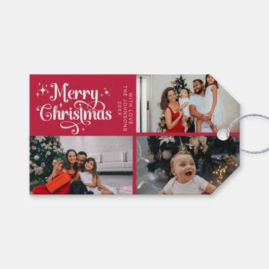 Elegante rode kerst familie foto collage cadeaulabel (Voorkant (Horizontaal))