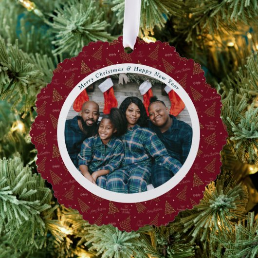 Elegante rode kerst & gelukkig nieuwjaar 2 foto's ornament kaart (Insitu (Drie))