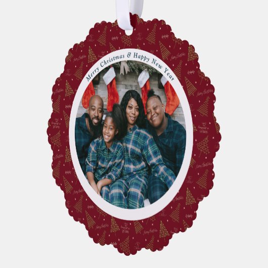 Elegante rode kerst & gelukkig nieuwjaar 2 foto's ornament kaart (Links)