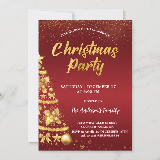 Elegante rode kerst glitter boom gouden partij kaart (Voorkant)