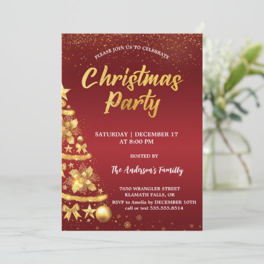 Elegante rode kerst glitter boom gouden partij kaart (Staand voorkant)