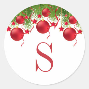 Elegante rode kerst ornamenten groen monogram ronde sticker