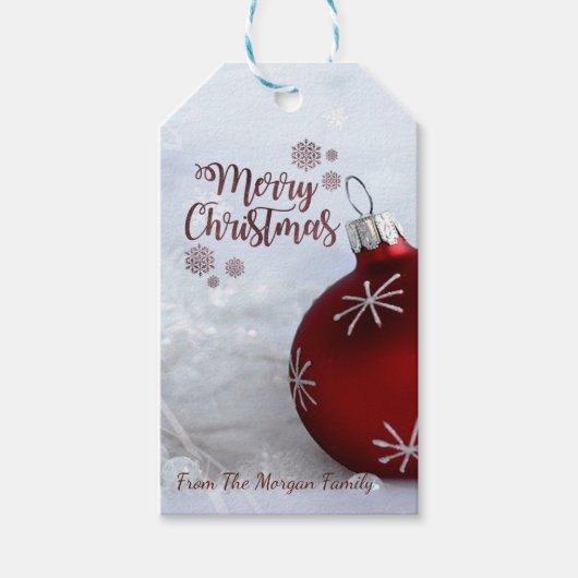 Elegante rode kerstbal cadeaulabel (Voorkant)