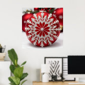 Elegante Rode Kerstbal met Sneeuwvlok Poster (Thuiskantoor)