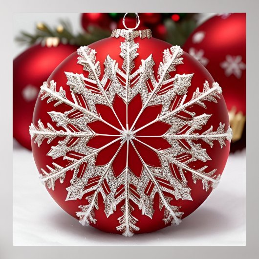 Elegante Rode Kerstbal met Sneeuwvlok Poster (Voorkant)
