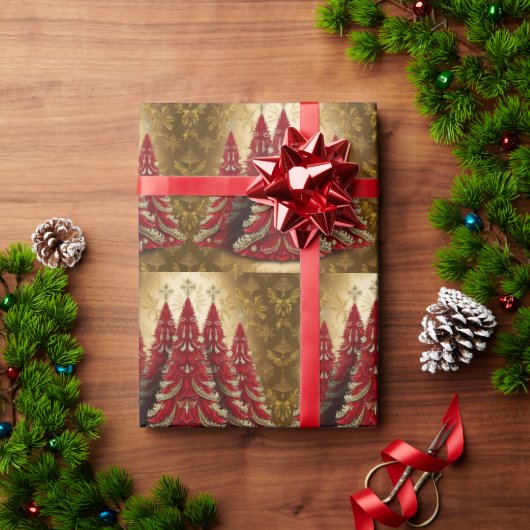 Elegante Rode Kerstboom Goud vrolijk kerstpatroon Cadeaupapier (Feestdagen Geschenken)