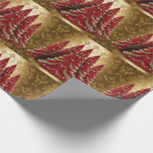 Elegante Rode Kerstboom Goud vrolijk kerstpatroon Cadeaupapier (Hoek)