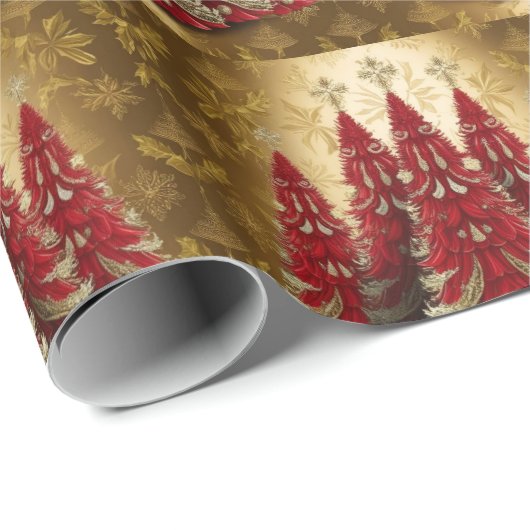 Elegante Rode Kerstboom Goud vrolijk kerstpatroon Cadeaupapier (Rol Hoek)