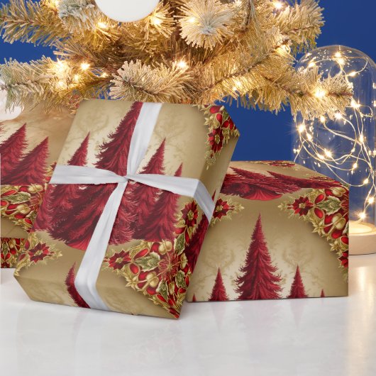Elegante Rode Kerstboom Goud vrolijk kerstpatroon Cadeaupapier (Feestdagen)