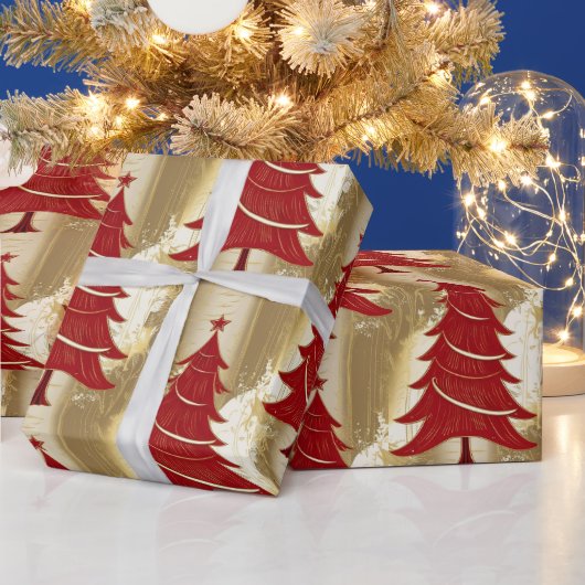 Elegante Rode Kerstboom Goud vrolijk kerstpatroon Cadeaupapier (Feestdagen)