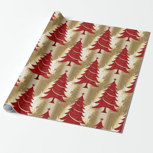 Elegante Rode Kerstboom Goud vrolijk kerstpatroon Cadeaupapier (Uitgerold)