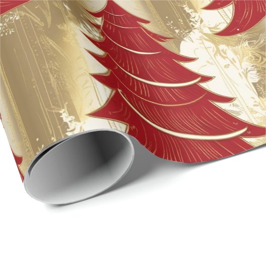 Elegante Rode Kerstboom Goud vrolijk kerstpatroon Cadeaupapier (Rol Hoek)
