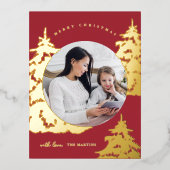 Elegante rode kerstboom twee foto vakantie folie feestdagen briefkaart (Voorkant)