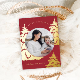 Elegante rode kerstboom twee foto vakantie folie feestdagen briefkaart
