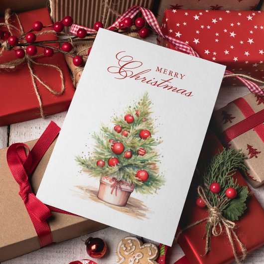 Elegante Rode Kerstboom Waterverf Custom Photo Feestdagenkaart