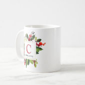 Elegante Rode Kerstgroen Monogram Koffiemok (Voorkant links)