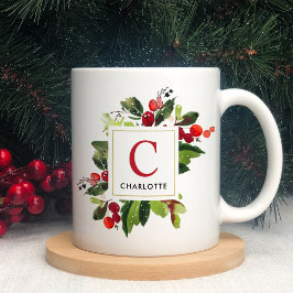 Elegante Rode Kerstgroen Monogram Koffiemok