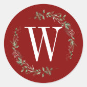 Elegante rode kerstgroen monogramkrans ronde sticker (Voorkant)