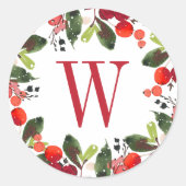 Elegante rode kerstgroenbessenmonogram ronde sticker (Voorkant)