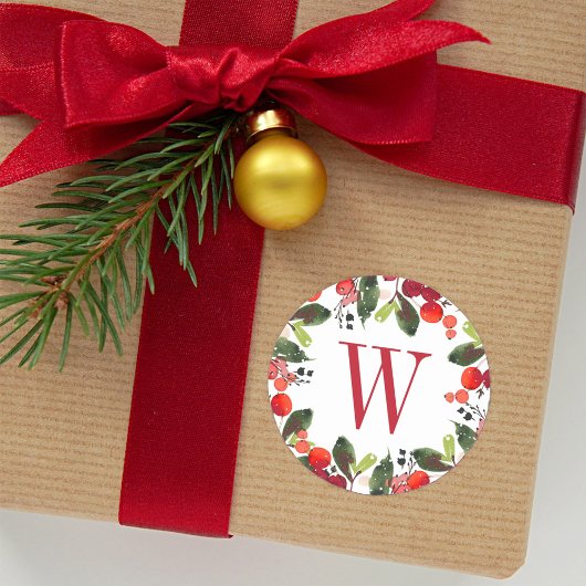 Elegante rode kerstgroenbessenmonogram ronde sticker