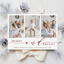 Elegante rode kerstkaart met 3 foto's: Merry and B