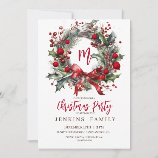 Elegante Rode Kerstmis Party waterverf Kaart (Voorkant)