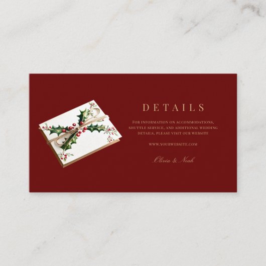 Elegante rode kerstversiering bruiloft details informatiekaartje (Voorkant)