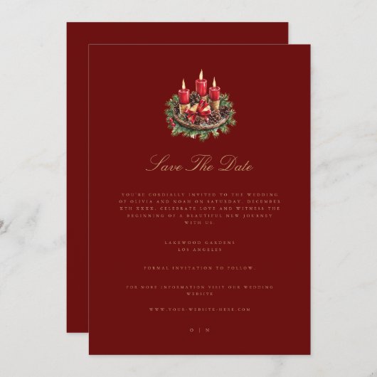 Elegante rode kerstversiering Save the Date Kaart (Voorkant / Achterkant)