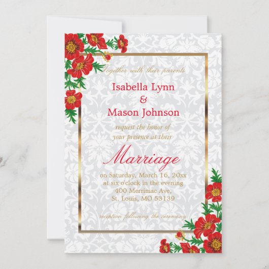 Elegante rode klaproos bloemen bruiloft uitnodigin kaart (Voorkant)