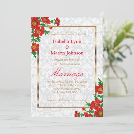 Elegante rode klaproos bloemen bruiloft uitnodigin kaart (Staand voorkant)