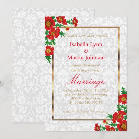 Elegante rode klaproos bloemen bruiloft uitnodigin kaart (Voorkant / Achterkant)