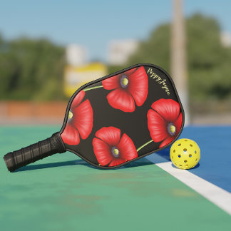 Elegante rode klaproos Bloemen Naam Floral Zwart Pickleball Paddle