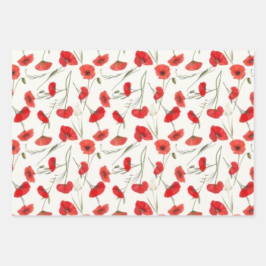 Elegante Rode Klaproos & Groene Bloem Waterverfsch Inpakpapier Vel (Voorkant)