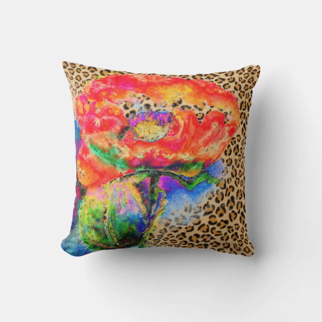 Elegante rode klaproos schildering - luipaardprint kussen (Voorkant)