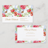 Elegante rode klaprozen en vlinders en gouden scri visitekaartje (Voorkant / Achterkant)