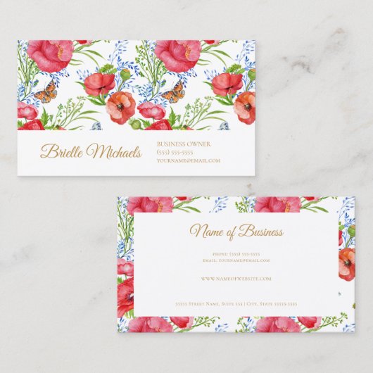 Elegante rode klaprozen en vlinders en gouden scri visitekaartje (Voorkant / Achterkant)